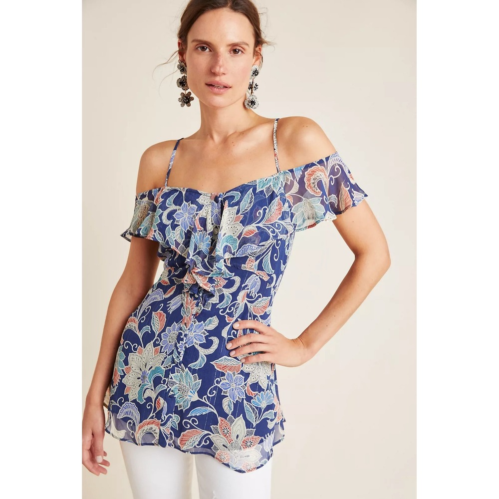 Maeve Top Size 4 Mariposa Open-Shoulder Ruffled Feminine Romantic Sheer Floral